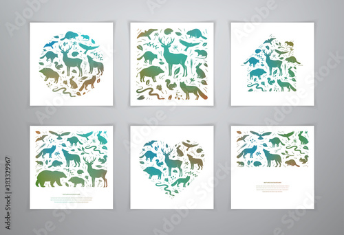 Vector forest animals set vector templates with text. Flat animals silhouettes in square and round frame. Heart shape.  File contains transparency and gradient mesh