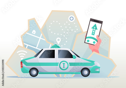 Electric car taxi. Phone with location mark and smart car with modern city skyline map. Vector illustration of online taxi service controlled via smartphone app