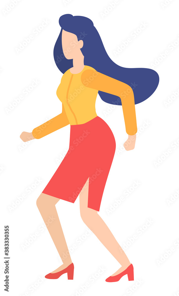 Businesswoman running forward abstract vector illustration character in flat design business woman. Person wearing formaly runs away from someone else, catches up to hold, customer retention concept