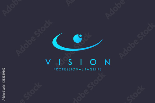 Abstract Eye Vision Logo. Blue Linear Geometric Arrow Shape with Eyeball inside isolated on Blue Background. Usable for Business and Technology Logos. Flat Vector Logo Design Template Element.