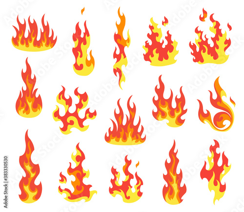 Set of red and orange fire flame. Flames of different shapes. Fireball set, flaming symbols. Idea of energy and power. Collection of hot flaming element. Vector icons in cartoon style