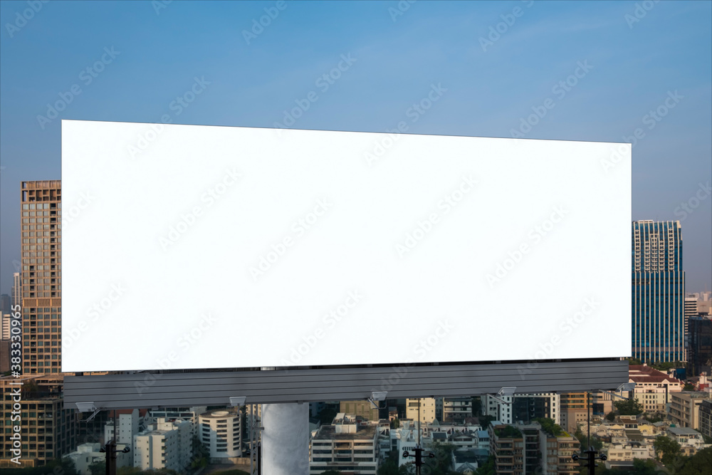 Blank white road billboard with Bangkok cityscape background at sunset. Street advertising poster, mock up, 3D rendering. Front view. The concept of marketing communication to promote or sell idea. Blank white road billboard with Bangkok cityscape background at sunset. Street advertising poster, mock up, 3D rendering. Front view. The concept of marketing communication to promote or sell idea.