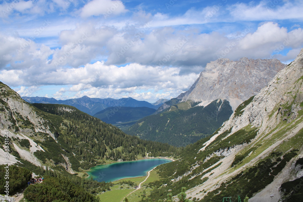 Seebensee and Zugspitze in Tyrol on a beautiful summer day