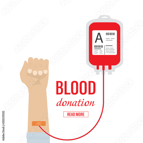 Volunteer hand donate blood in container. Save life, blood donation concept isolated on white background. Medical support, healthcare