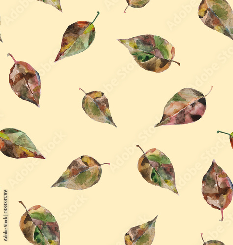 Watercolor leaves seamless pattern on yellow background. Illustration for cards, cover, textile
