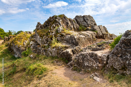 Cambrian rock formation in Swietokrzyskie Mountains, near Checiny town and Kielce in central Poland, close to Checiny Royal Castle medieval fortress in summer season.