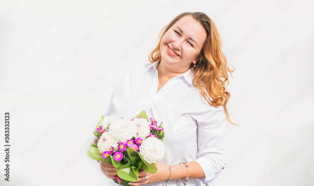Happy smiling beautiful plus size model . Portrait large girl smiling on a sunny day with good mood, Photo of new age standard of beauty