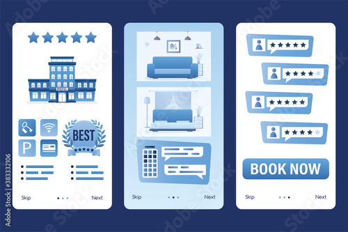 Three pages template for mobile application. Online booking web pages with hotel descriptions, services and reviews. Mobile reservation