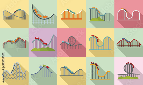 Roller coaster icons set. Flat set of roller coaster vector icons for web design