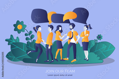 Join our community. Crowd of united people as a business or creative community standing together. Flat concept vector website template and landing page design for invitation to summit or conference