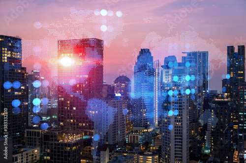Wallpaper Mural Glowing hologram of Earth planet map on aerial panoramic cityscape of Bangkok at sunset, Asia. The concept of international business. Multi Exposure. Torontodigital.ca