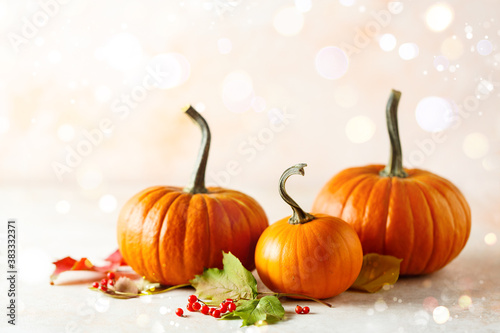 Autumn holiday background with pumpkins and colorful leaves