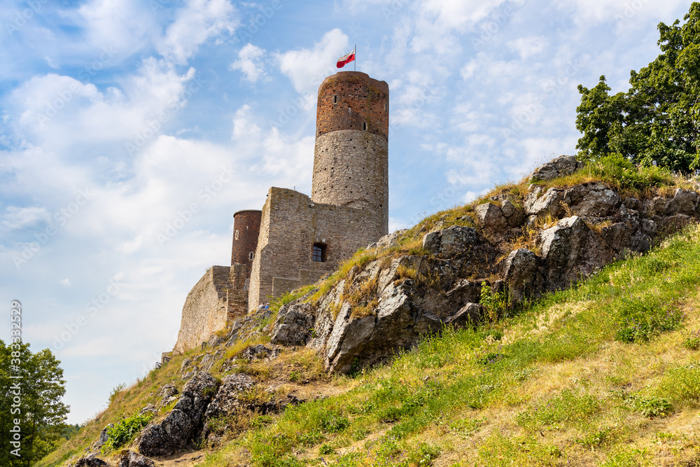 Panoramic view of Checiny Royal Castle ruins - Zamek Krolewski w Checinach - medieval stone fortress in Swietokrzyskie Mountains near Kielce in Poland