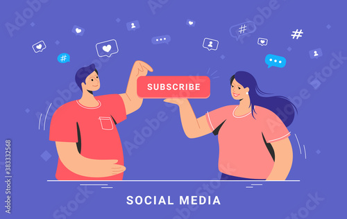 Social media marketing and increasing subscribers. Flat vector concept illustration of smiling woman and man standing together and pushung the red button to stay informed about recent news and updates