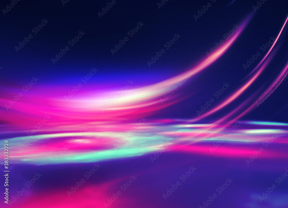 Multicolored neon shapes on a dark abstract background. Empty scene background, blurred neon ultraviolet light, bokeh.