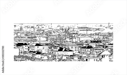 Building view with landmark of Bergamo is a city in the alpine Lombardy region of northern Italy. Hand drawn sketch illustration in vector.
