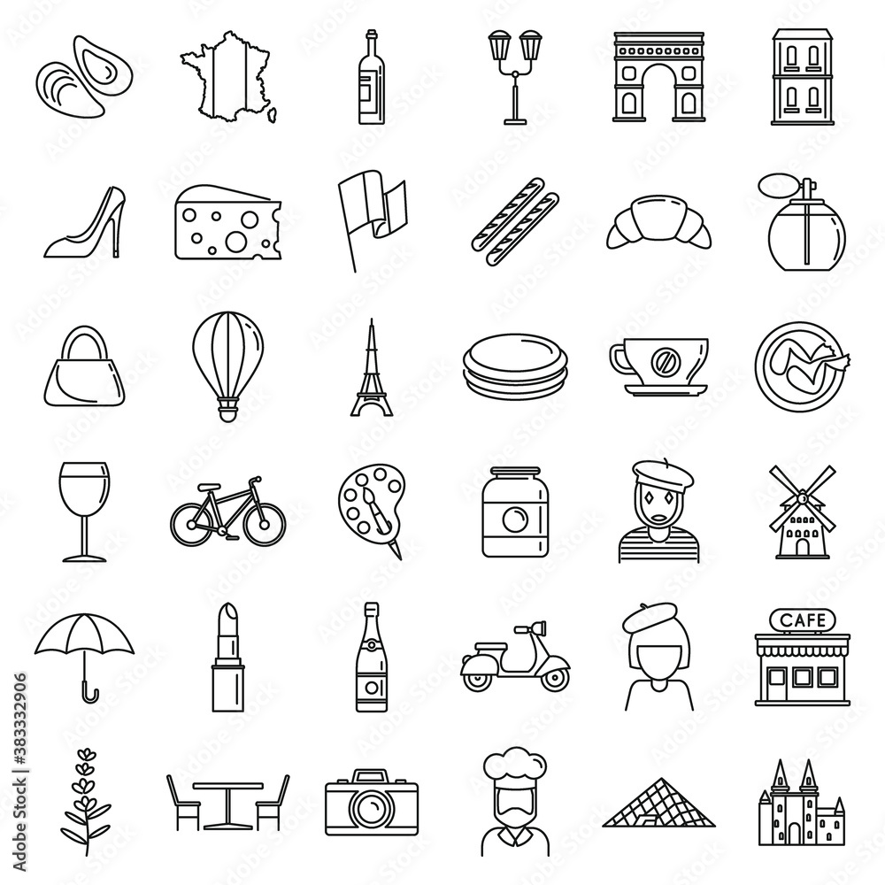 Fototapeta premium France country icons set. Outline set of France country vector icons for web design isolated on white background