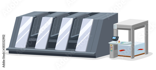 Printing house polygraphy industry isometric design concept with images of printer machine isolated. Professional equipment for advertising agency for color wide-format printing digitally controlled