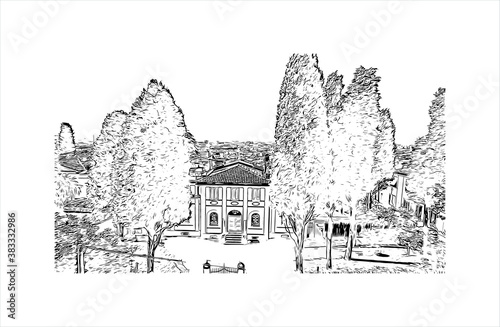 Building view with landmark of Bergamo is a city in the alpine Lombardy region of northern Italy. Hand drawn sketch illustration in vector.
