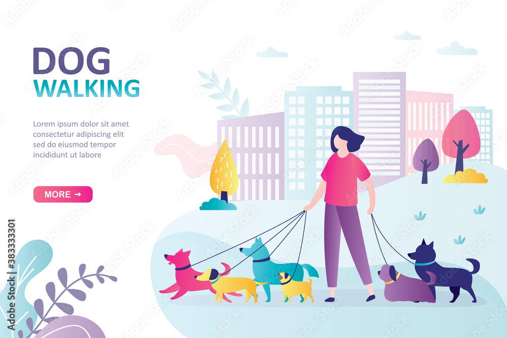 Female character walks with pets in park. Concept of dog walking service, volunteering and pet care. Dog active walker with leash