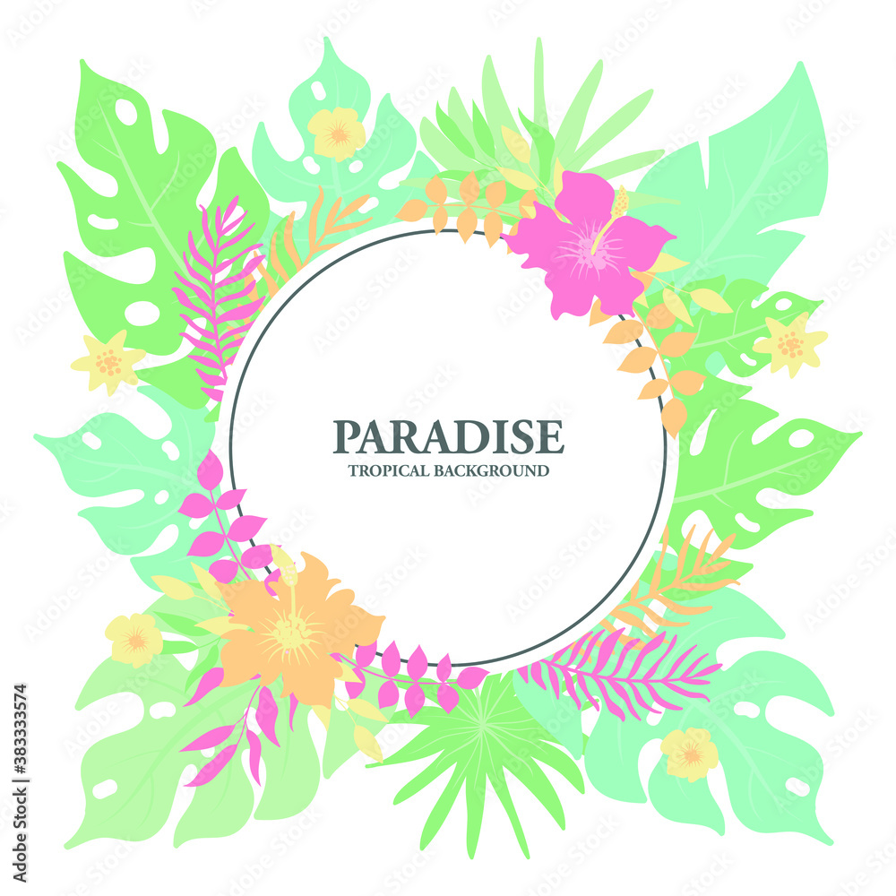 Tropical floral frame with flat design, exotic tropical leaves and floral border
