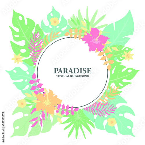 Tropical floral frame with flat design, exotic tropical leaves and floral border  © Astira
