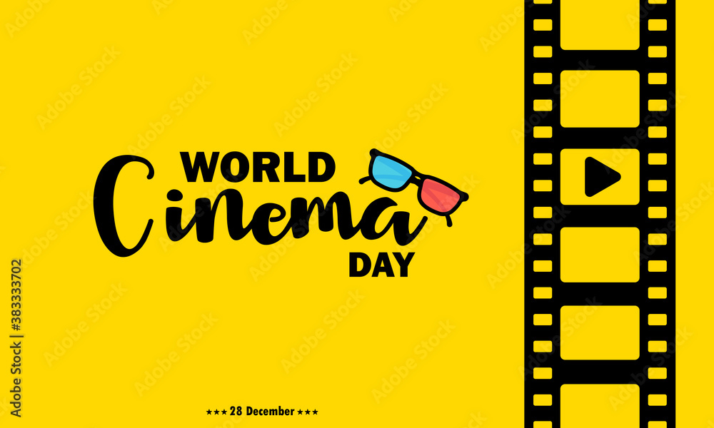 World cinema day banner. With film strip. Cinematography. Vector on