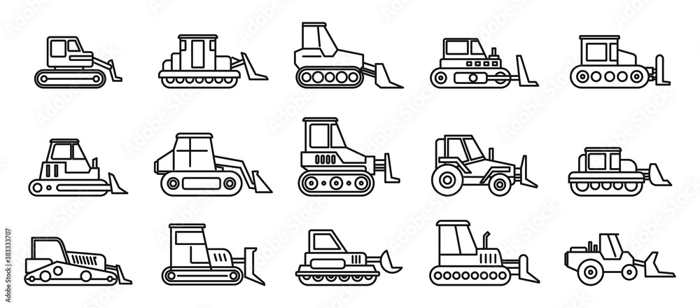 Construction bulldozer icons set. Outline set of construction bulldozer vector icons for web design isolated on white background Construction bulldozer icons set. Outline set of construction bulldozer vector icons for web design isolated on white background