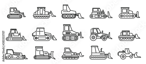 Construction bulldozer icons set. Outline set of construction bulldozer vector icons for web design isolated on white background