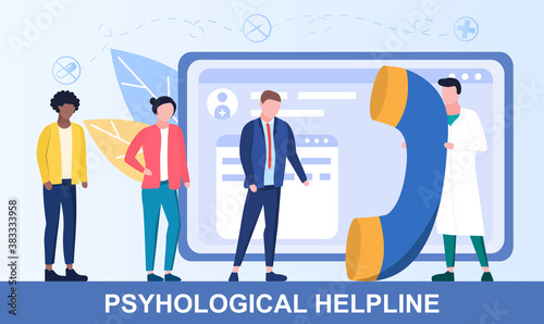 Abstract psychological help hotline concept with cartoon fictional character. Flat vector illustration.
