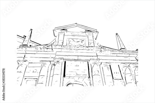 Building view with landmark of Bergamo is a city in the alpine Lombardy region of northern Italy. Hand drawn sketch illustration in vector.