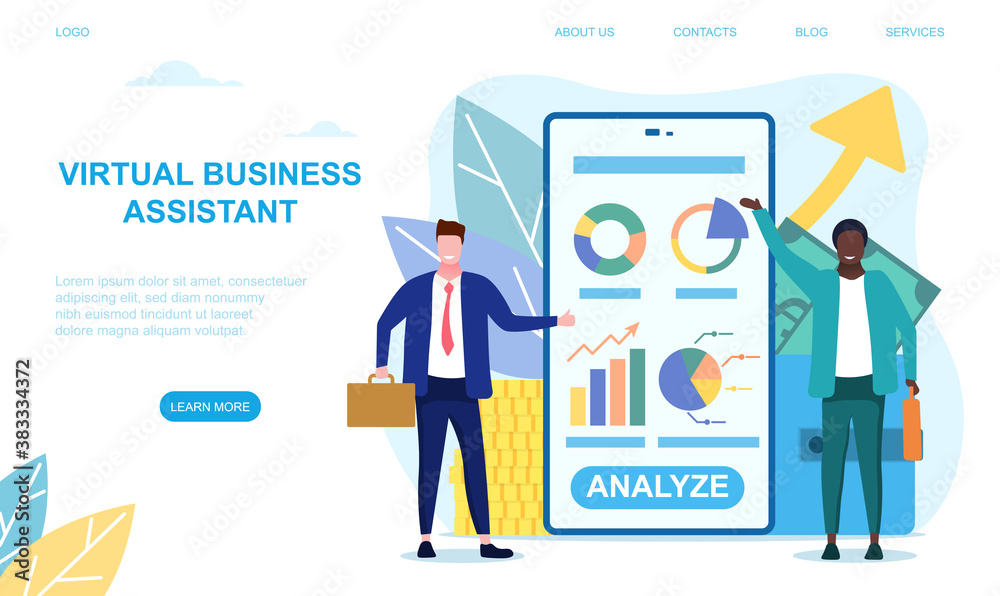 Virtual business assistant app concept. Flat cartoon vector illustration. Web page template.