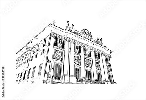Building view with landmark of Bergamo is a city in the alpine Lombardy region of northern Italy. Hand drawn sketch illustration in vector.