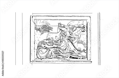 Building view with landmark of Bergamo is a city in the alpine Lombardy region of northern Italy. Hand drawn sketch illustration in vector.