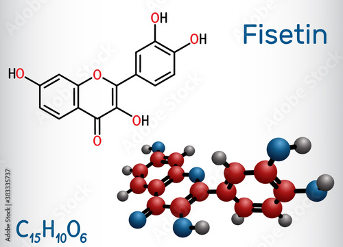 Fisetin molecule. It is plant flavonol from the flavonoid group of polyphenols. Structural chemical formula and molecule model