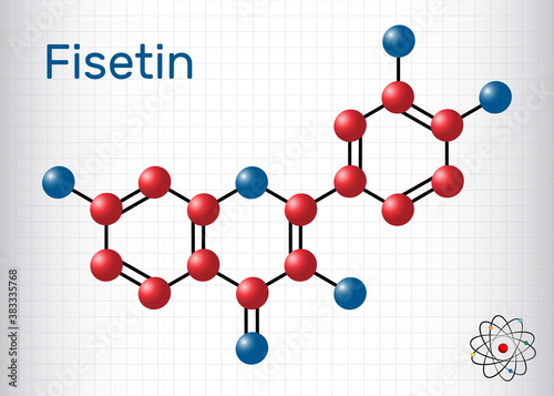 Fisetin molecule. It is plant flavonol from the flavonoid group of polyphenols. Structural chemical formula and molecule model. Sheet of paper in a cage