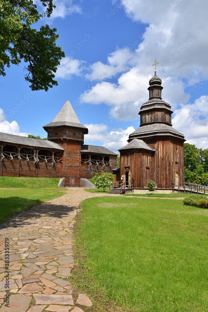 Baturin, Ukraine - June 2020: Restored Wooden Cossack fortress in Baturin. Ukrainian heritage, tourist attractions. Medieval wooden fortress in Chernihiv region near the Seym river