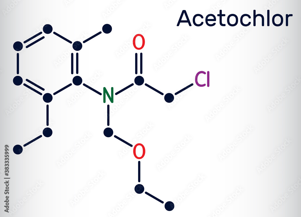 Acetochlor molecule. It is chloroacetanilide, herbicide, a xenobiotic and an environmental contaminant. Skeletal chemical formula Acetochlor molecule. It is chloroacetanilide, herbicide, a xenobiotic and an environmental contaminant. Skeletal chemical formula