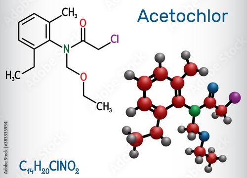 Acetochlor molecule. It is chloroacetanilide, herbicide, a xenobiotic and an environmental contaminant. Structural chemical formula and molecule model.