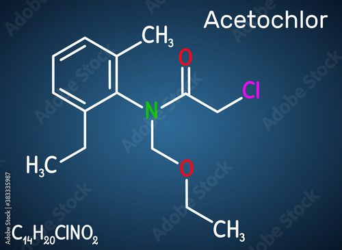 Acetochlor molecule. It is chloroacetanilide, herbicide, a xenobiotic and an environmental contaminant. Structural chemical formula on the dark blue background