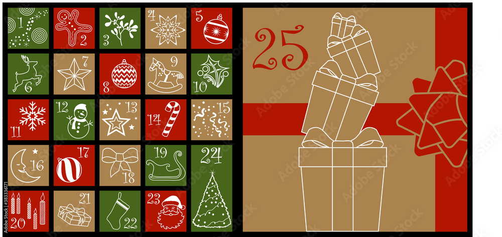 Calendrier de l’avant, avec des dessins de Noël au trait blanc sur un fond brun, rouge et vert.