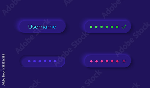 User login UI elements kit. Enter user name and password. Registration isolated vector icon, bar and dashboard template. Web design widget collection for mobile application with dark theme interface