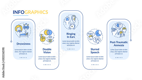 Head trauma vector infographic template. Brain injury symptoms presentation design elements. Data visualization with 5 steps. Process timeline chart. Workflow layout with linear icons