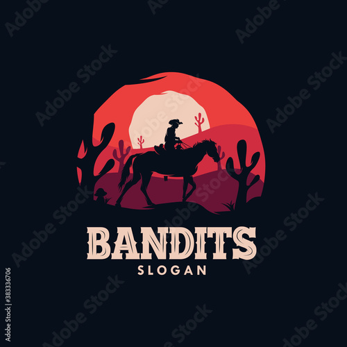 Bandit cowboy riding a horse in the night logo