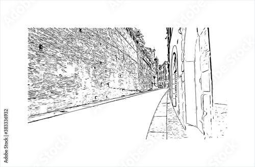 Building view with landmark of Bergamo is a city in the alpine Lombardy region of northern Italy. Hand drawn sketch illustration in vector.