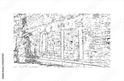Building view with landmark of Bergamo is a city in the alpine Lombardy region of northern Italy. Hand drawn sketch illustration in vector.
