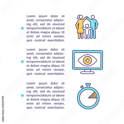 Parental control screen time concept icon with text. Family spending time together. Healthy lifestyle. PPT page vector template. Brochure, magazine, booklet design element with linear illustrations