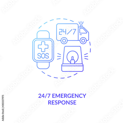 24 7 emergency response concept icon. Health monitoring idea thin line illustration. 24 hour hotline. Safety and well-being priority. Advice line service. Vector isolated outline RGB color drawing