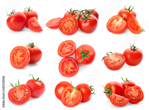 Set of ripe red tomatoes on white background