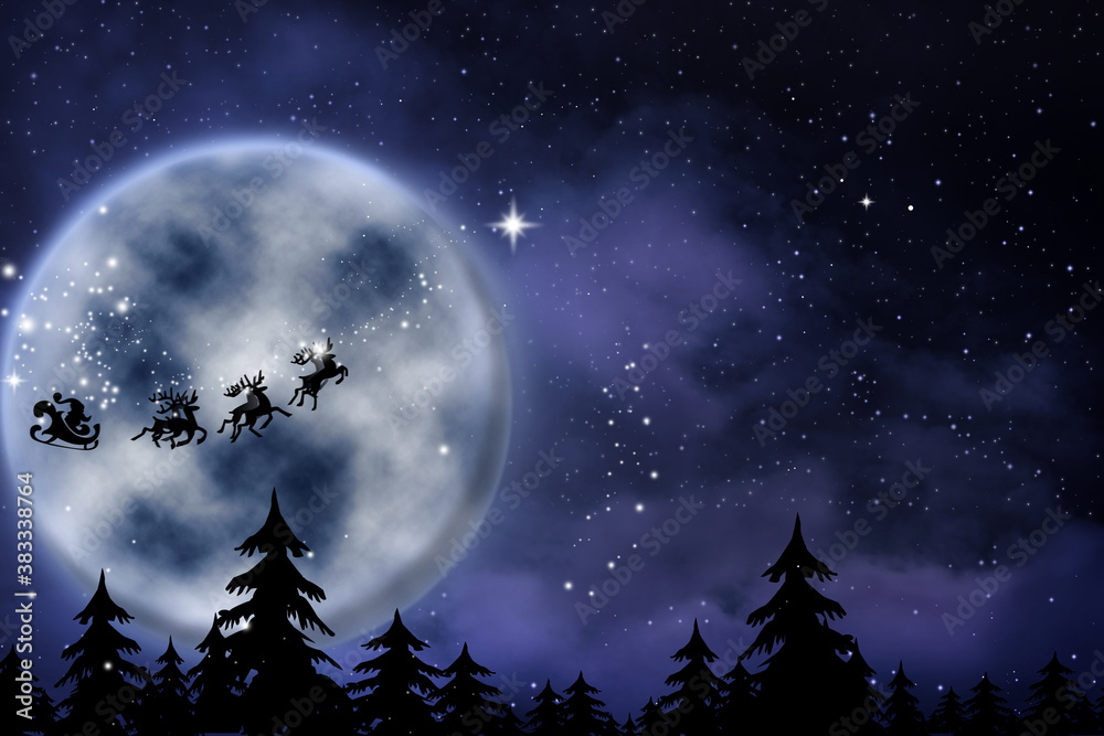 Fototapeta premium Magic Christmas eve. Santa with reindeers flying in sky on full moon night